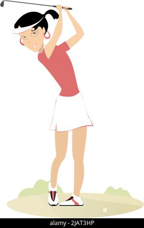 Cartoon golfer woman on the golf course illustration. Funny golfer woman  with a golf club tries to do a good shot isolated on white back Stock Vector