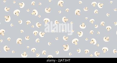 Seamless pattern heap of fresh appetizing champignon mushrooms isolated on grey. Organic fungus whole, cut into slices. Template for textile, packagin Stock Vector