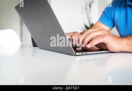 Man Working laptop Hands Networking Stock Photo