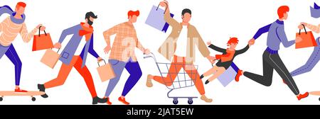 Seamless border with Group of colorful people in hurry Stock Vector