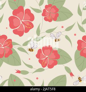 Bright colored seamless pattern with cute hibiscus flower and bee Stock Vector