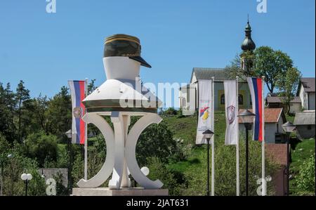 Kalinovik, Republika Srpska, Bosnia and Herzegovina – May 2022: Memorial for victims of the war 1992–1995 in the center of Kalinivik. The shape of the Stock Photo