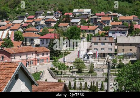 Kalinovik, Republika Srpska, Bosnia and Herzegovina – May 2022: Memorial for victims of the war 1992–1995 in the center of Kalinivik. The shape of the Stock Photo