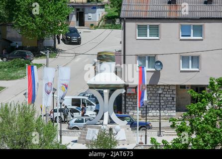 Kalinovik, Republika Srpska, Bosnia and Herzegovina – May 2022: Memorial for victims of the war 1992–1995 in the center of Kalinivik. The shape of the Stock Photo