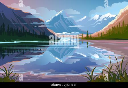 Beautiful nature, natural landscape. Evening mountain scenery. Stock Vector