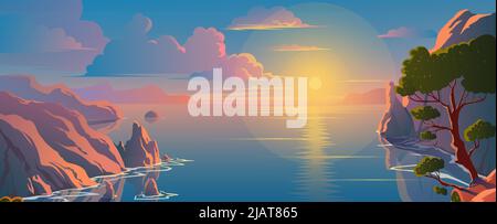 Beautiful scenery on the top of mountain, seaside view, colorful sunset. Nature landscape background. Stock Vector