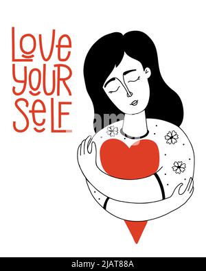 Love yourself. cute girl with big red heart hugs herself. Vector illustration in hand drawn doodle style. Concept of self-love, care and find time for Stock Vector