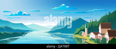 Beautiful scenery, mountain lake and a houses on the shore Panoramic view. Stock Vector