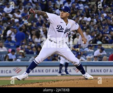 Los Angeles, United States. 01st June, 2022. Los Angeles Dodgers starting pitcher Julio Urias winds up to deliver during the third inning at Dodger Stadium in Los Angeles on Tuesday May 31, 2022. Photo by Jim Ruymen/UPI Credit: UPI/Alamy Live News