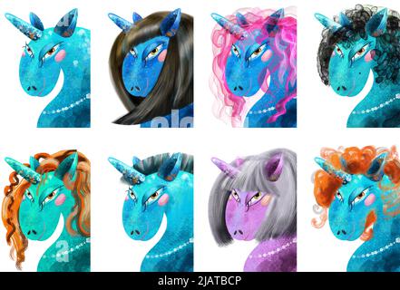 Cute unicorn illustration collection isolated on white background Stock Photo