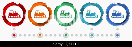 Bulldozer concept vector icon set, modern design abstract web buttons in 5 color options, infographic template for webdesign and mobile apps Stock Vector
