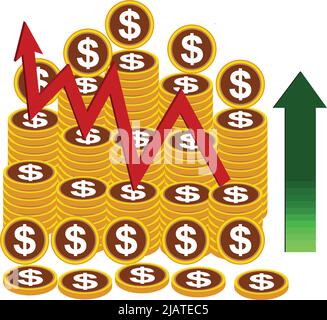 a pile of dollar coins. and increase the value arrow. business and stock market icon Stock Vector