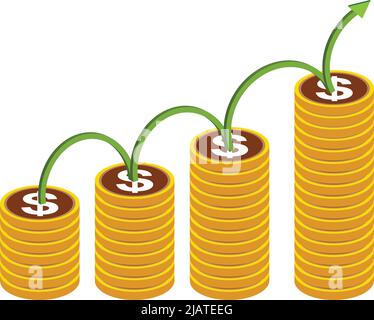 illustration of stacked dollar coins. increase the value of dollar coins and arrows. on white background Stock Vector