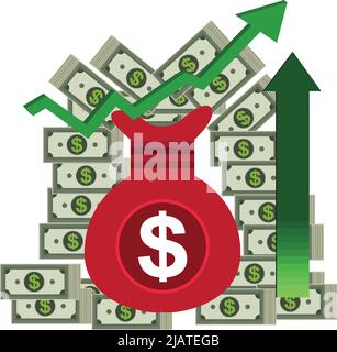 Pile of money dollar notes and dollar bag and money increase value arrow. on white background. stock market and business icon Stock Vector