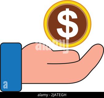 illustration hand and a dollar coin. on white background. business icon Stock Vector