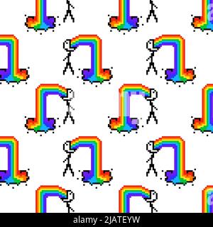 Sick guy puking rainbow. Seamless pattern background with 8 bit pixel man vomit rainbow. Cartoon comic style of 80s-90s. for fabric, wrapping, textile Stock Vector