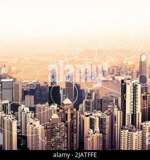 Modern urban skyline. Global communications and networking. Blockchain concept Stock Photo