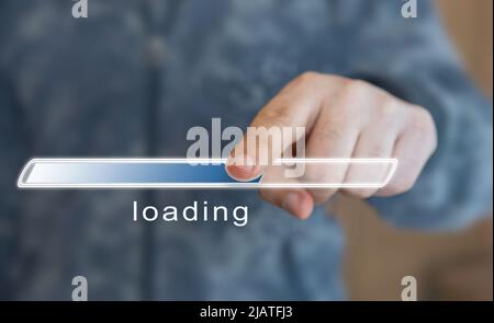 Data management system. Document management system. The hand touches the virtual screen. Load control of something. Stock Photo