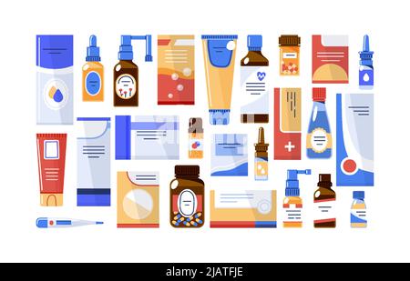 Medicines in package,spray and bottle with dropper.Vector flat illustration Stock Vector