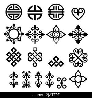 Black and white icons with traditional decorations from Mongolia and Central Asia Stock Vector