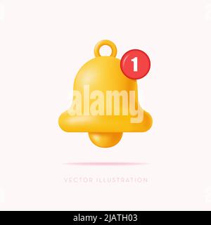 3D Notification message bell. One reminder notification. Vector illustration in cartoon minimal 3D style Stock Vector
