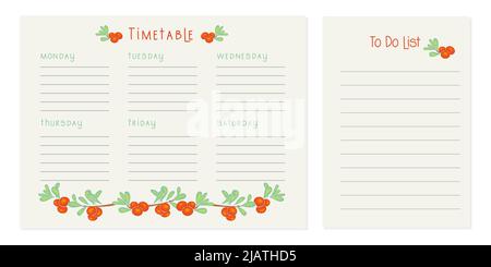 Timetable , Class schedule, weekly calendar and to-do list. Weekly schedule. Organizer information template. Empty school timetable. Empty to-do list. Planning sheet planning. Vector illustration Stock Vector