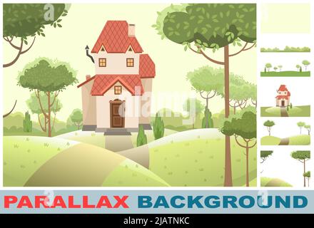 Cartoon house in woods among trees. Set parallax effect. Hills beautiful, cozy country house in traditional European style. Cute funny homes. Forest l Stock Vector