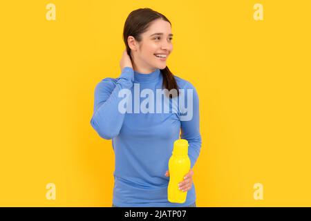 drinking per day. hydration vitality. be hydrated. nice woman hold mineral water. Stock Photo