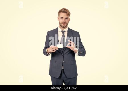 best offer. successful ceo suggest easy banking profit payment. handsome man show ok. Stock Photo