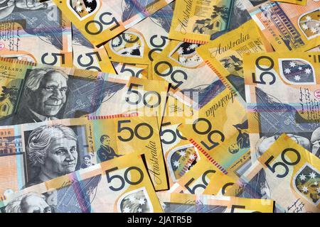 A background of Australian 50 dollar notes Stock Photo