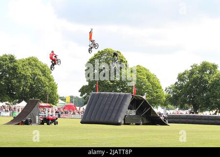 Ipswich, UK. 01st Jun 2022. After being cancelled in 2020 and 2021 due to Covid restrictions the Suffolk Show returns to Ipswich. The Bolddog Lings Freestyle Motorcross Team wow the crowds at the Suffolk Show. Credit: Eastern Views/Alamy Live News Stock Photo