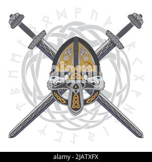 Viking helmet with two crossed swords and Scandinavian pattern Stock Vector