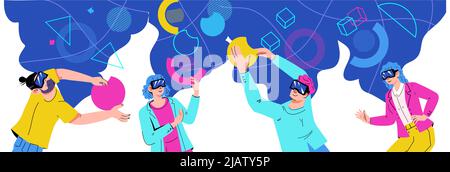 People in VR digital glasses interacting in augmented reality and metaverse space with geometric shapes. Experience of metaverse or virtual reality, f Stock Vector
