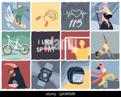 Flat cartoon square tiles with sport theme scenes and elements,vector illustrations set Stock Vector