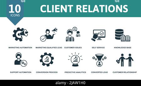 Client Relations set icon. Editable icons client relations theme such as marketing automation, customer issues, knowledge base and more. Stock Vector