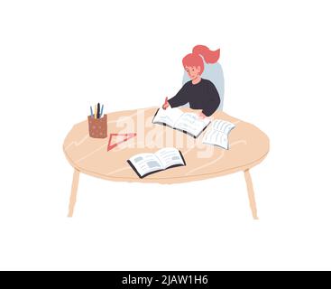 Flat cartoon happy character student boy standing with a big pencil ...