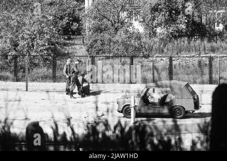 The East German border at Staaken between East and West Berlin in 1975 Stock Photo