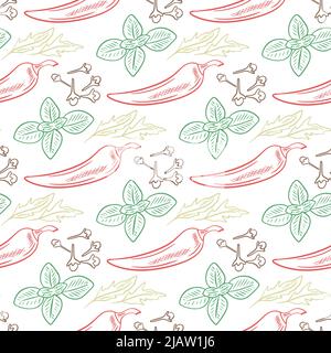 Spices, herbs and greenery hand engraved seamless pattern. Background sketch of natural culinary spices. White flavored food supplement. Template for Stock Vector