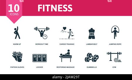Fitness set icon. Editable icons fitness theme such as warm up, cardio training, jumping rope and more. Stock Vector