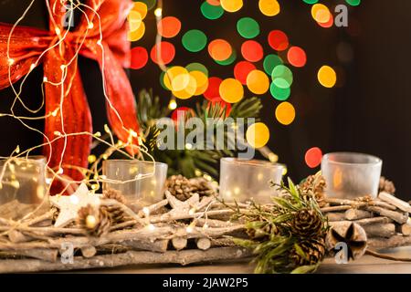 Christmas background with lights and free text space. Christmas lights. Glowing colorful Christmas lights on black background. New Year. Christmas Stock Photo