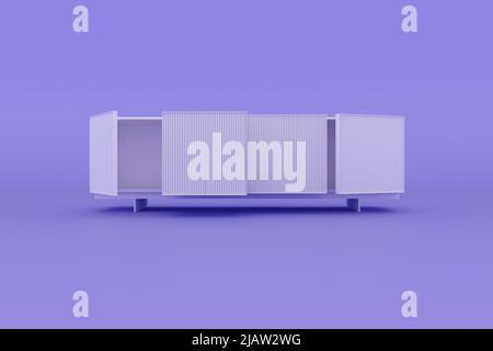 TV cabinet isolated on pink purple background, flat style, 3D rendering. Stock Photo