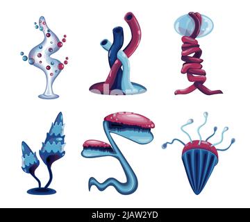 Fantasy alien plants set. Magic unusual nature elements, mushrooms, tentaculars, tubes, bubbles creatures isolated on white. Vector illustration Stock Vector