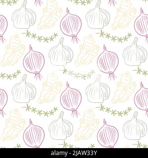 Spices garlic and onion hand engraved seamless pattern. Background pattern of natural culinary spices. White flavored food supplement. Template for pa Stock Vector