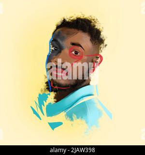 Poster with young serious african man's portrait over yellow background. Poster graphics effect. Combination of photo and illustration. Ideas Stock Photo