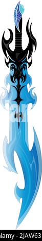 ice magic sword. Black magical metal frames the cold blue steel of the sword's icy blade. Fantasy, science fiction, games, films. A world of adventure Stock Vector
