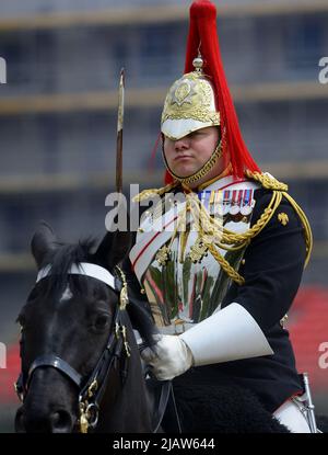 London, England, UK. Daily Changing of the Guard in Horse Guards Parade - member of the Blues and Royals Stock Photo