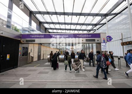 Entrance/exit to Elizabeth Line (Crossrail) Paddington underground (Subway) station in Westminster, London Stock Photo