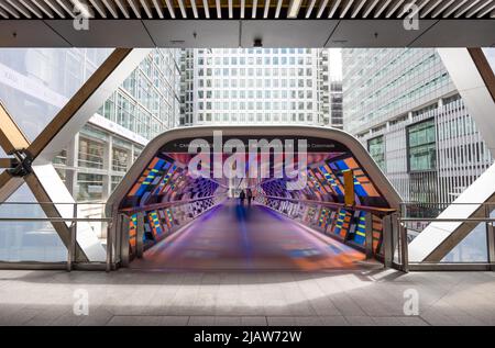 Crossrail Place exit/entrance passage to Elizabeth Line Canary Wharf underground station on Isle of Dogs, Tower Hamlets towards  Canada Place. London. Stock Photo