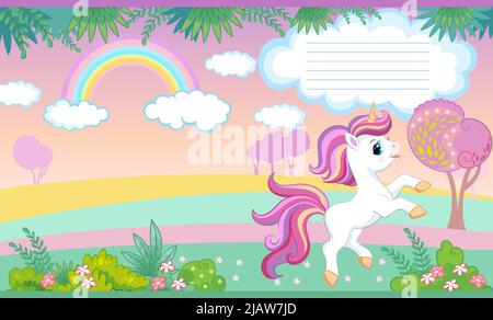 Colorful cover design with cute character unicorn in nature. Children cartoon background. Vector illustration. Two-page cover for notebooks, books, de Stock Vector