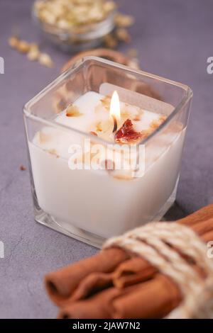 Burning scented candles for relax on black background  Stock Photo